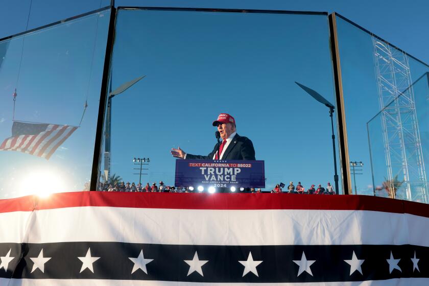 Coachella, California October 12, 2024-Presidential candidate Donald Trump speaks to his supporters during a rally at Calhoun Ranch in Coachella Saturday.(Wally Skalij/Los Angeles Times)