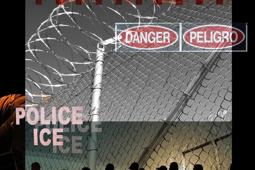 Collage of barbed wire, migrants walking, danger signs 