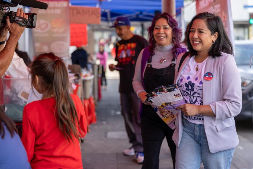 Los Angeles City Council District 14 candidate Ysabel Jurado canvassing in Boyle Heights on Tuesday, Nov. 5, 2024.