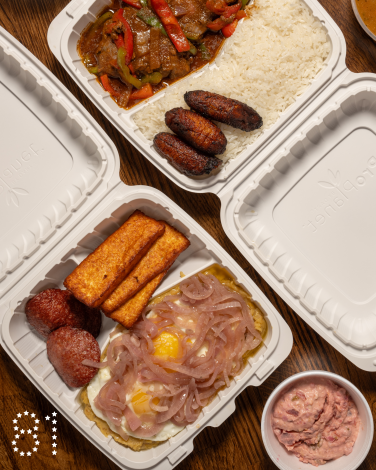 LOS ANGELES, CA - OCTOBER 27, 2024: Mangu Con Tres Golpes and Santana's Chicken with sides (Ensalada Rusa and Red and Black Beans) at El Bacano in North Hollywood (Ron De Angelis / For The Times)