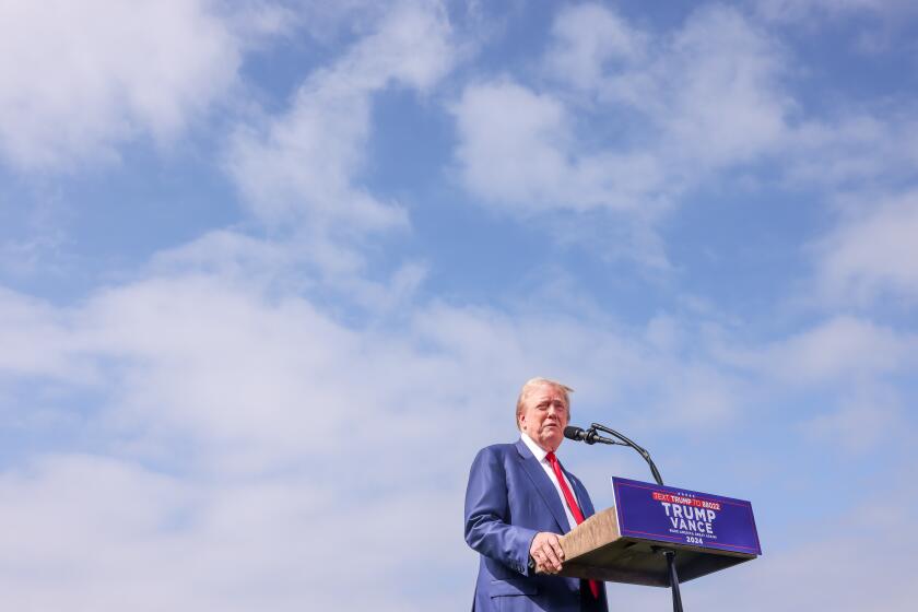 RANCHO PALOS VERDES-CA-SEPTEMBER 13, 2024: Former President Donald J. Trump speaks at a press conference at his Trump National Golf Course on Friday, September 13, 2024. (Christina House / Los Angeles Times)