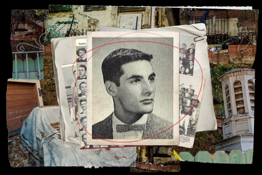 photo collage illustration of a yearbook photos of a man surrounded by recent photos of a house damaged by fire