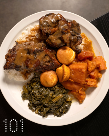 LOS ANGELES, CA - October 30, 2024: An Oxtail plate with yams, collard greens and cornbread at Locol in Los Angeles (Ron De Angelis / For The Times)