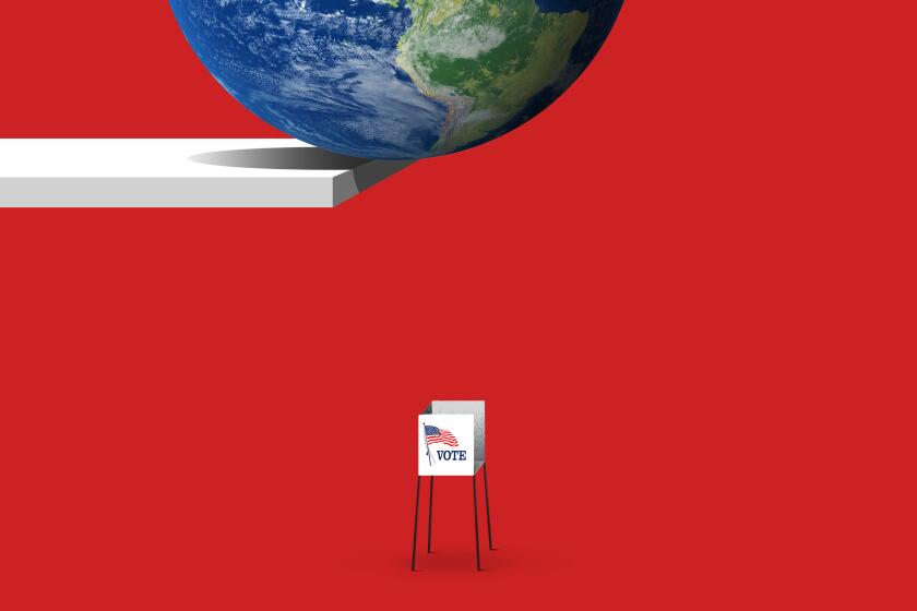 photo illustration of a voting booth with the earth about to fall on it