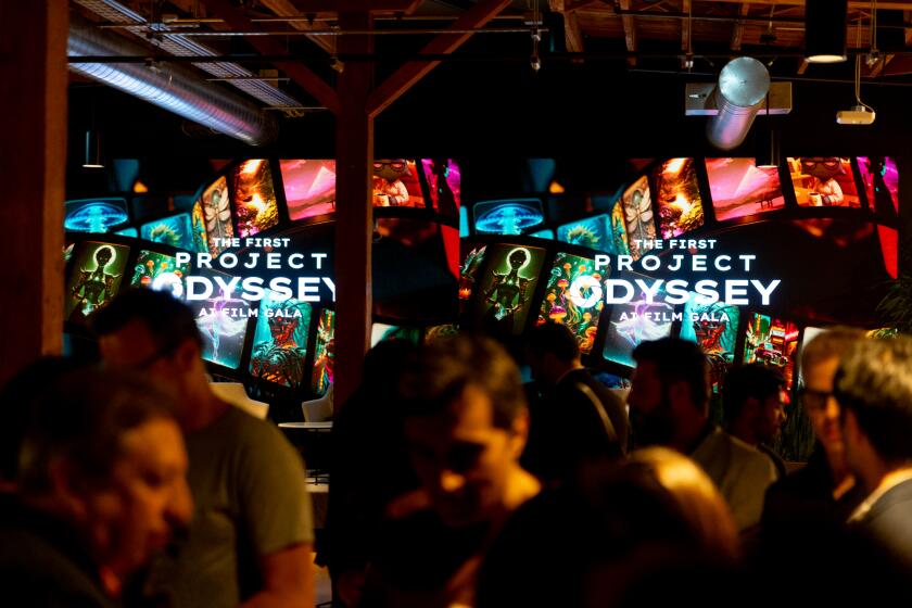 Attendees network at the Project Odyssey AI Film Gala in San Francisco hosted by venture capital firm a16z and Civitai, a platform used for creating, discovering and sharing generative AI resources and art. (Michael Ogata/Project Odyssey)