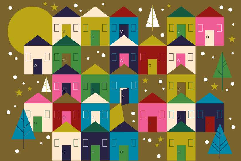 24 houses arranged like an advent calendar.  The door is opening on a house letting light out.