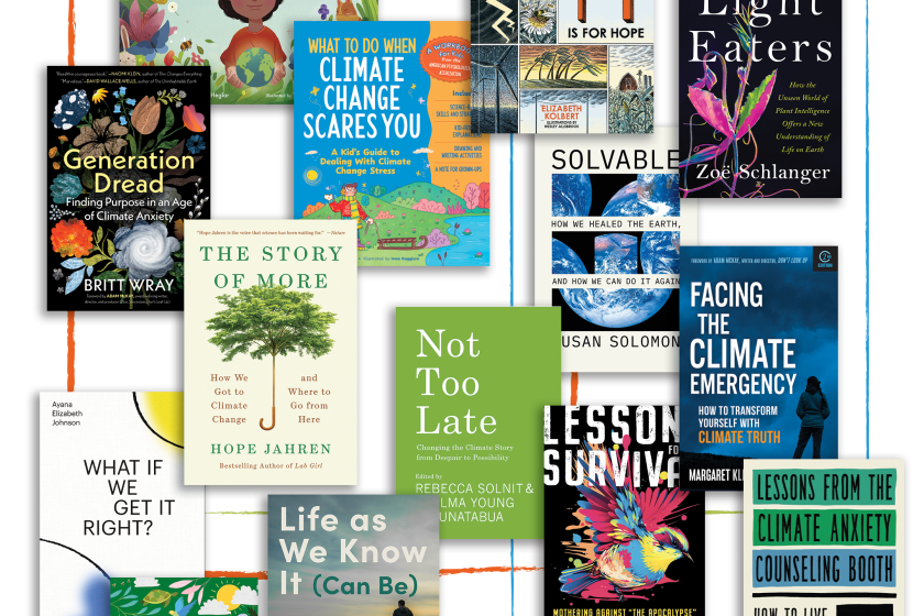 Collage of books surrounding the topic of climate change anxiety.