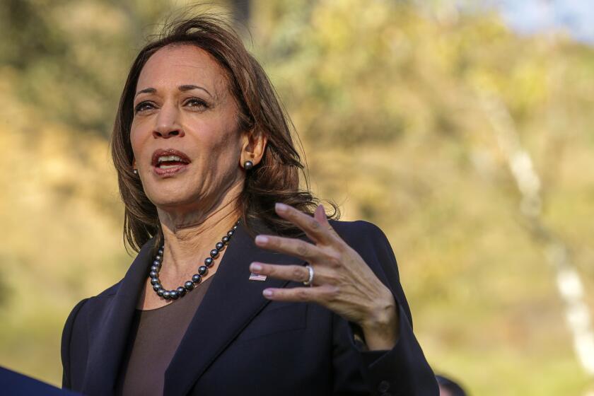 San Bernardino, CA - January 21: Vice President Kamala Harris announces that federal government will provide California $600 million to help the state recover from a historically severe wildfire season, at a press conference held at US Forest Del Rosa Fire Station on Friday, Jan. 21, 2022 in San Bernardino, CA. (Irfan Khan / Los Angeles Times)