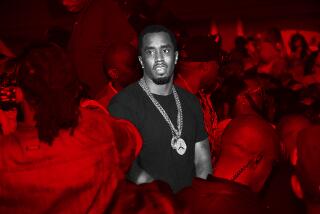 Photo of Sean Combs isolated and surrounded by a crowd of people at a party in red monotone.