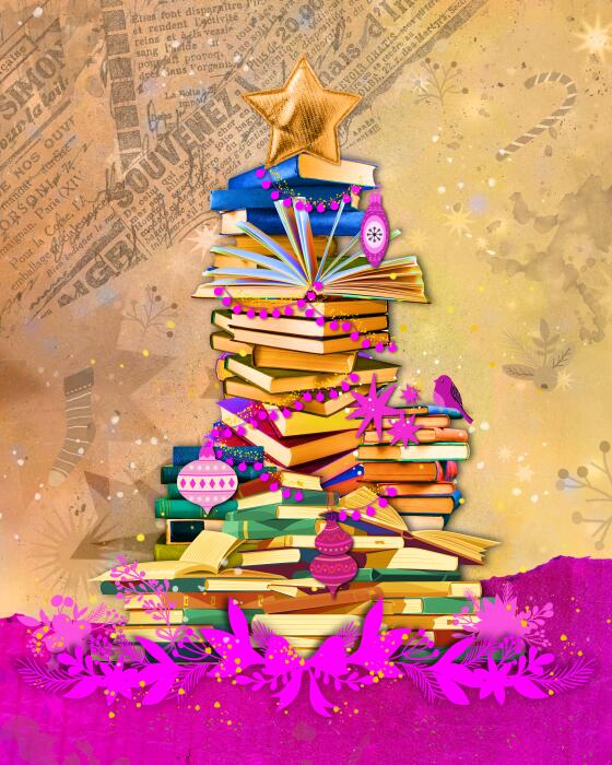 Stack of books in the shape of an Xmas tree