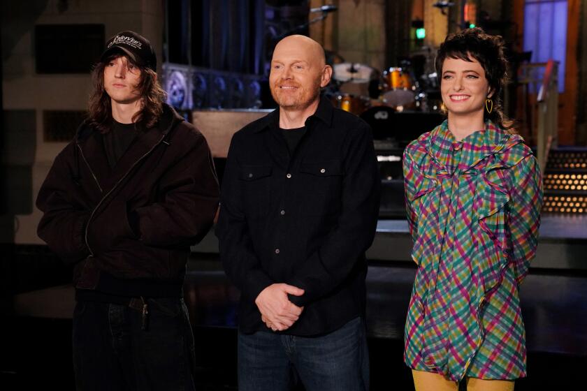 SATURDAY NIGHT LIVE -- Episode 1870 -- Pictured: (l-r) Musical guest Mk.gee, host Bill Burr and Sarah Sherman during Promos in Studio 8H on Thursday, November 7, 2024 -- (Photo by: Rosalind O'Connor/NBC)