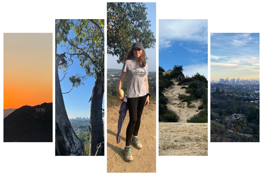 Photo collage of 5 tall vertical images side by side of views from a hiking trail in L.A., and a woman posing on a mountain top